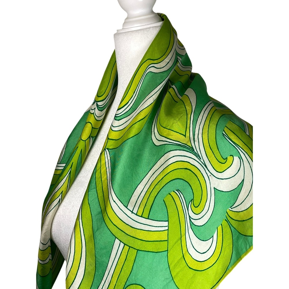 Vera Neumann Vintage Silk Scarf Green Psychedelic Swirl Gold-Piece Collection - Picture 5 of 12